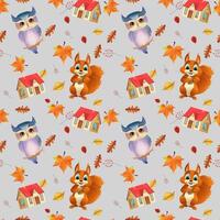Cute seamless pattern with forest animals. Repeating image with cartoon animals for printing on wrapping paper. Autumn season. owl, squirrel, house. Village illustration vector