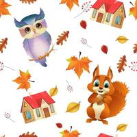 Cute seamless pattern with animals and house. Repeating image with cartoon animals for printing on wrapping paper. Autumn season. owl, squirrel. illustration vector