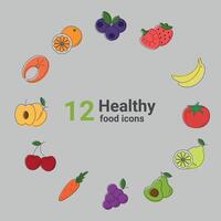 Set of 12 color icons of food, vegetables, fruits, healthy eating line on a grey background, eps 10 vector
