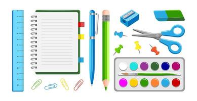 Back to School Set. School Supplies Illustration in Flat Style for School. Icons for Online Learning Notepad, Scissors, Paint, Pencil, Pen, Eraser, Sharpener, Ruler, Paperclip, Clip on White vector