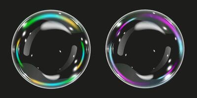 3D Transparent Round Bubbles with Refraction and Glare. Illustration with Soap Foam or colorful Shiny Rainbow balls Isolated on Dark Background, Glass Liquid, Liquid form with Holographic Effec vector