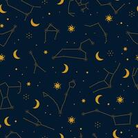 Seamless boho pattern with constellations, stars and moon on dark background. Magic night design for fabric, textile, wrapping paper, cover vector