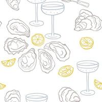 Hand drawn oyster, lemons and champagne seamless pattern. Design for menu, cover, wrapping paper, textile vector