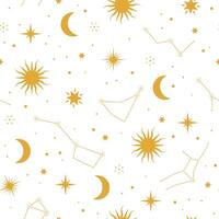 Seamless boho pattern with constellations, stars, sun and moon on white background. Celestial design for textile, wrapping paper, cover, wallpaper vector