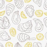 Hand drawn oyster and lemons seamless pattern. Two colors simple design for menu, cover, wrapping paper, textile vector