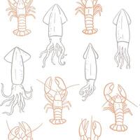 Hand drawn squids and lobsters seamless pattern. Seafood design for textile, restaurant, market, wrapping paper vector