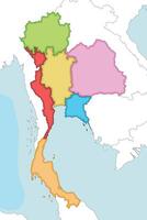 illustrated blank map of Thailand with regions and administrative divisions, and neighbouring countries and territories. Editable and clearly labeled layers. vector