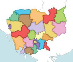 illustrated regional blank map of Cambodia with provinces and administrative divisions, and neighbouring countries and territories. Editable and clearly labeled layers. vector