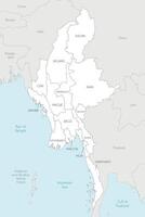 map of Myanmar with regions, states and administrative divisions, and neighbouring countries and territories. Editable and clearly labeled layers. vector
