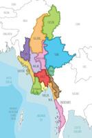 illustrated map of Myanmar with regions, states and administrative divisions, and neighbouring countries and territories. Editable and clearly labeled layers. vector