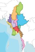 illustrated blank map of Myanmar with regions, states and administrative divisions, and neighbouring countries and territories. Editable and clearly labeled layers. vector