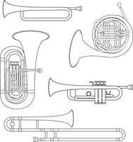 illustration set of brass musical instruments for coloring in cartoon style isolated on white background vector