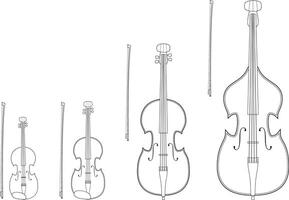 illustration set of string instruments playing by bowing the strings for coloring in cartoon style isolated on white background vector