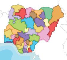 illustrated regional blank map of Nigeria with states and administrative divisions, and neighbouring countries and territories. Editable and clearly labeled layers. vector
