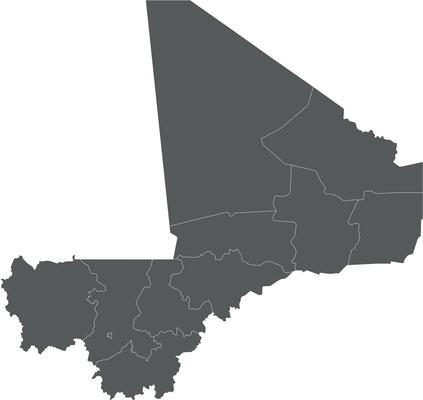 blank map of Mali with regions, capital district and administrative divisions. Editable and clearly labeled layers.