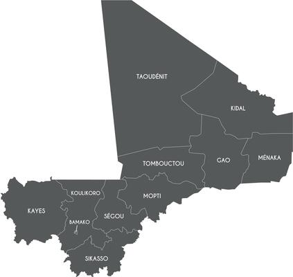 map of Mali with regions, capital district and administrative divisions. Editable and clearly labeled layers.