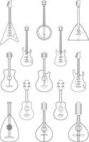 illustration set of string instruments playing by plucking the strings for coloring in cartoon style isolated on white background vector