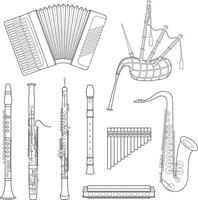 illustration set of woodwind musical instruments for coloring in cartoon style isolated on white background vector