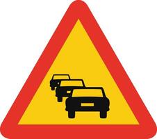 Triangular traffic signal in yellow and red, isolated on white background. Temporary warning of vehicle jam vector