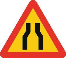 Triangular traffic signal in yellow and red, isolated on white background. Temporary warning of narrow road ahead vector