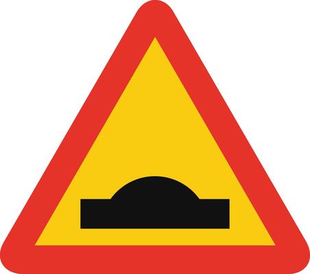 Triangular traffic signal in yellow and red, isolated on white background. Temporary warning of road hump