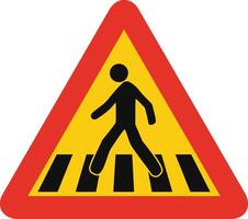 Triangular traffic signal in yellow and red, isolated on white background. Temporary warning of pedestrian crossing vector