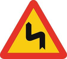Triangular traffic signal in yellow and red, isolated on white background. Temporary warning of left reverse bend vector
