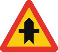 Triangular traffic signal in yellow and red, isolated on white background. Temporary warning of crossroad ahead with priority vector