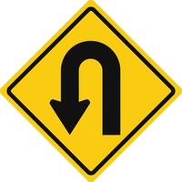 Rhomboid traffic signal in yellow and black, isolated on white background. U-Turn on the left vector