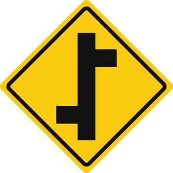 Rhomboid traffic signal in yellow and black, isolated on white background. Warning of side roads on left and right, consecutively vector