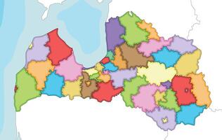 illustrated regional blank map of Latvia with state cities and municipalities and administrative divisions, and neighbouring countries and territories. Editable and clearly labeled layers. vector