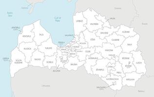 regional map of Latvia with state cities and municipalities and administrative divisions, and neighbouring countries and territories. Editable and clearly labeled layers. vector
