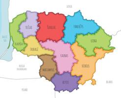 illustrated regional map of Lithuania with counties and administrative divisions, and neighbouring countries and territories. Editable and clearly labeled layers. vector
