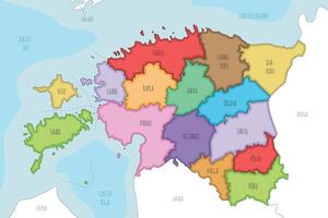 illustrated regional map of Estonia with counties and administrative divisions, and neighbouring countries and territories. Editable and clearly labeled layers. vector