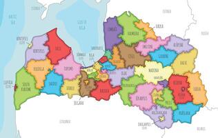 illustrated regional map of Latvia with state cities and municipalities and administrative divisions, and neighbouring countries and territories. Editable and clearly labeled layers. vector
