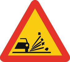 Triangular traffic signal in yellow and red, isolated on white background. Temporary warning of loose gravel vector