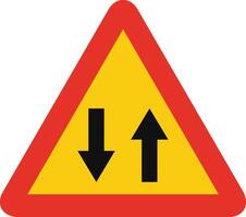 Triangular traffic signal in yellow and red, isolated on white background. Temporary warning of two-way traffic straight ahead vector