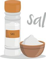salt illustration isolated in cartoon style. Spanish name. Herbs and Species Series vector