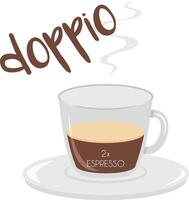illustration of an Espresso Doppio coffee cup icon with plate and name and its preparation and proportions. vector