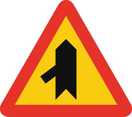 Triangular traffic signal in yellow and red, isolated on white background. Temporary warning of sharp junction on the left