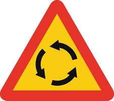 Triangular traffic signal in yellow and red, isolated on white background. Temporary warning of roundabout ahead vector