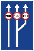 Rectangular traffic signal in blue and white, isolated on white background. Passage from two to three traffic lanes with maximun speed limitation for each one vector