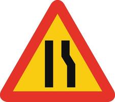 Triangular traffic signal in yellow and red, isolated on white background. Temporary warning of narrow road ahead on right side vector