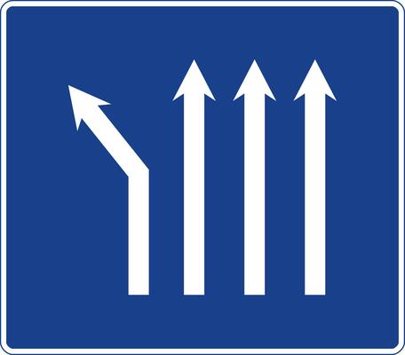 Rectangular traffic signal in blue and white, isolated on white background. Fork to the left on a four-lane road