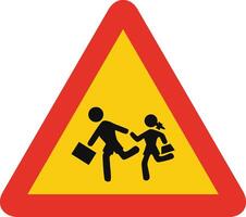 Triangular traffic signal in yellow and red, isolated on white background. Temporary warning of proximity of a school or playground vector