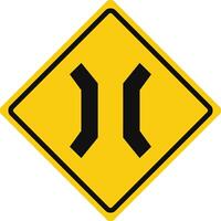 Rhomboid traffic signal in yellow and black, isolated on white background. Warning of road narrowing vector
