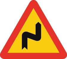 Triangular traffic signal in yellow and red, isolated on white background. Temporary warning of right reverse bend vector
