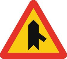 Triangular traffic signal in yellow and red, isolated on white background. Temporary warning of sharp junction on the right vector