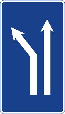 Rectangular traffic signal in blue and white, isolated on white background. Fork to the left on a two-lane road