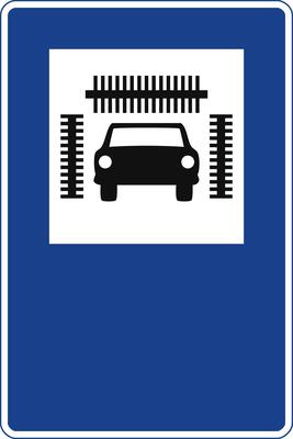 Rectangular traffic signal in blue and white, isolated on white background. Car wash